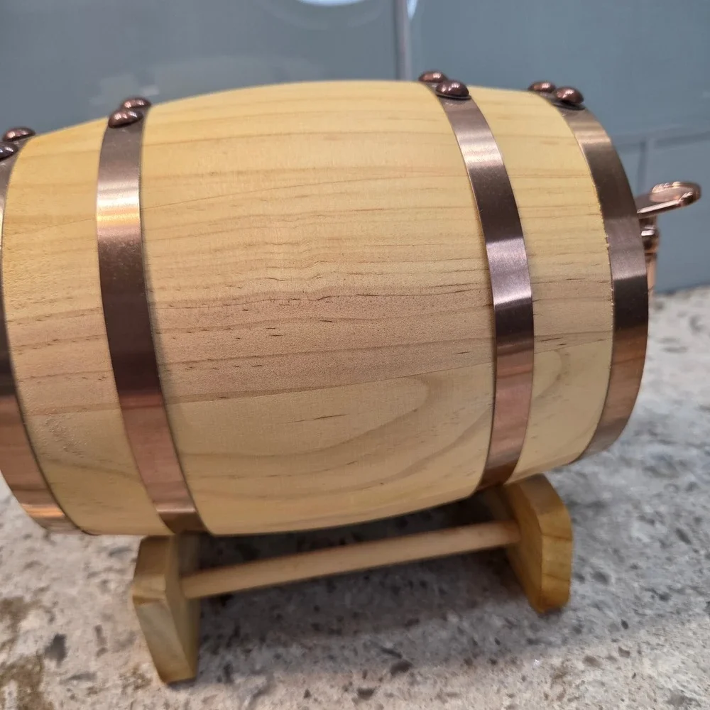 Heritage Collective Wood Whiskey Barrel Dispenser Copper Accents  UNUSED